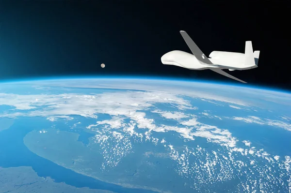 Bezzałogowe samoloty latające w górnych warstwach atmosfery, badanie gazu skorupy ziemi, moonrise na horyzoncie. Elementy tego obrazu dostarczone przez Nasa. — Zdjęcie stockowe