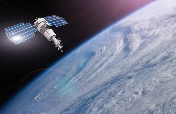 Satellite above the Earth makes measurements of the weather parameters. Monitoring of tracking in a storm zone, cyclone. Elements of this image furnished by NASA. — Stock Photo, Image