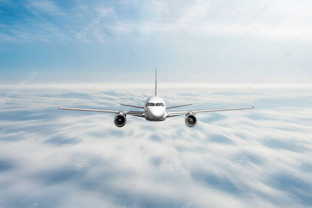 Airplane is rapidly flying straight at high speed overcast cloud.
