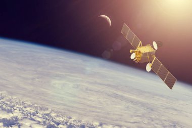 Uzay iletişim uydusu Dünya 'nın yörüngesinde. Bu görüntünün elementleri NASA tarafından desteklenmektedir