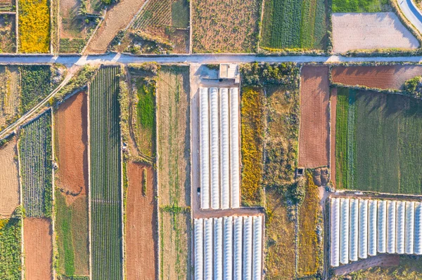 Aerial view of the various fields of crops and greenhouses plants. — Stock Photo, Image