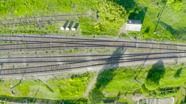 Aerial Top View Railroad Tracks Rails Dwarsliggers Verschillende Tracks Semaforen — Stockvideo
