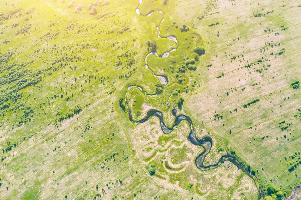 Flygfoto landskap landskap av slingrande liten flod, ström i grönt fält, ovanifrån äng. — Stockfoto
