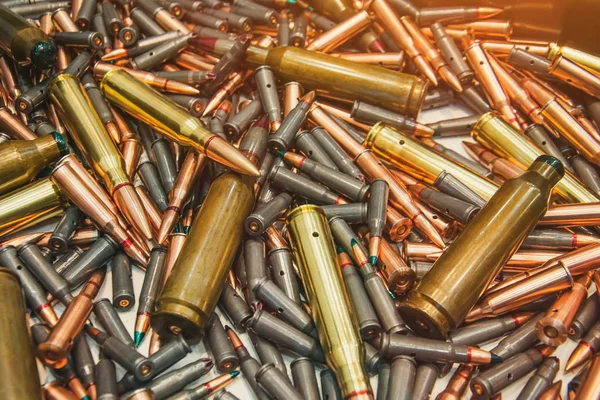 Ammo bullets, military war background. Army supplies texture. — Stock Photo, Image