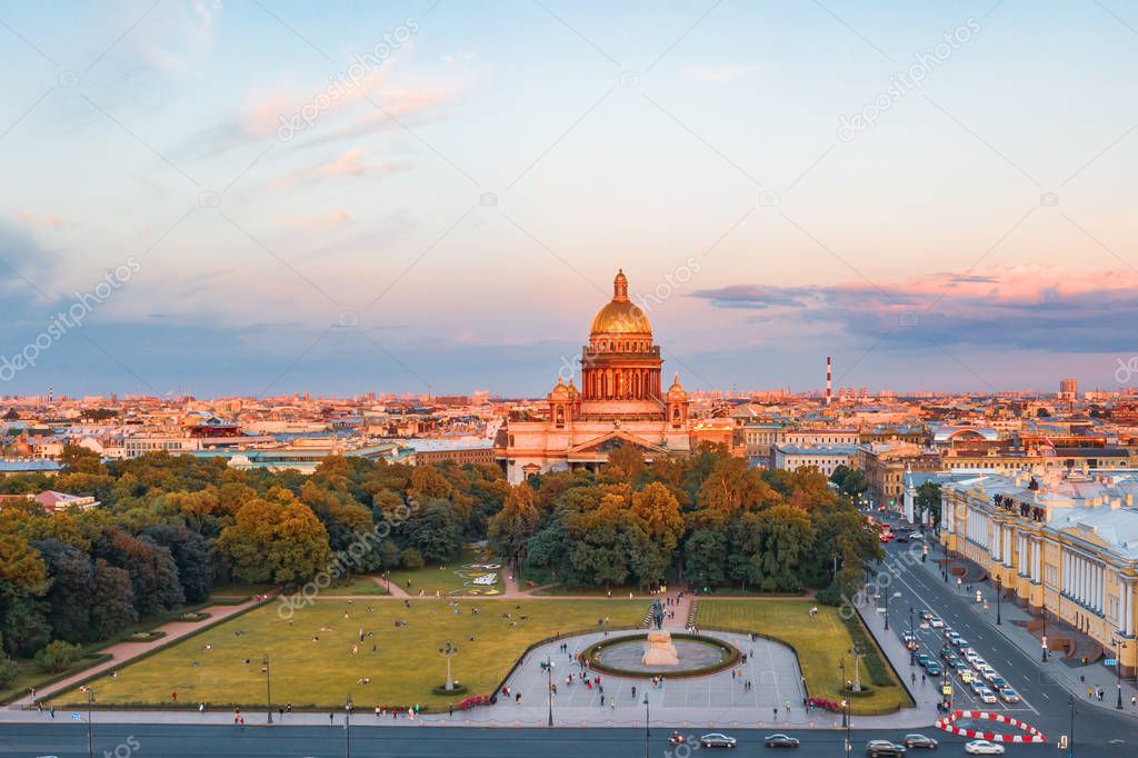 Sunset view of the historical center of St. Petersburg, St. Isaac's Cathedral and the Bronze Horseman Peter 1.