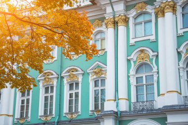 Pencereler ve sonbahar akçaağaç ile Kış Sarayı Hermitage sütunları.