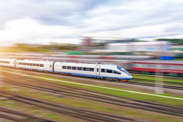 Railroad travel passenger train with motion blur effect, industr — Stock Photo, Image