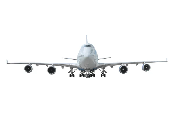 Aviones con tren de aterrizaje extendido, vista frontal recta aislada sobre fondo blanco . —  Fotos de Stock