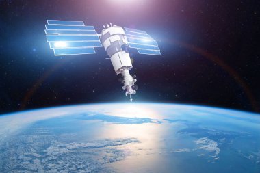 Araştırma, araştırma, atmosferde izleme. Dünya gezegeninin yüzeyinden yörüngede bulunan uydu, yukarıdan parlak güneş ve ışık parlaması. Nasa tarafından döşenmiş bu görüntünün elemanları.