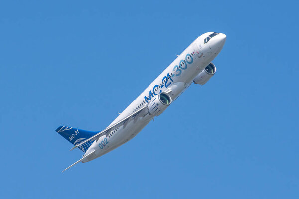 Irkut plane passanger liner MS-21 flying prototype. Russia, Moscow region Zhukovsky, airport Ramenskoe. Aviasalon MAKS 2019. 31 august 2019.