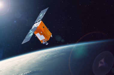Uzay uydusu Dünya'nın yörüngesinde düşük kutup yörüngesi. Güneşten gelen parlak ışık ve çerçevede parlama. Nasa tarafından döşenmiş bu görüntünün elemanları.