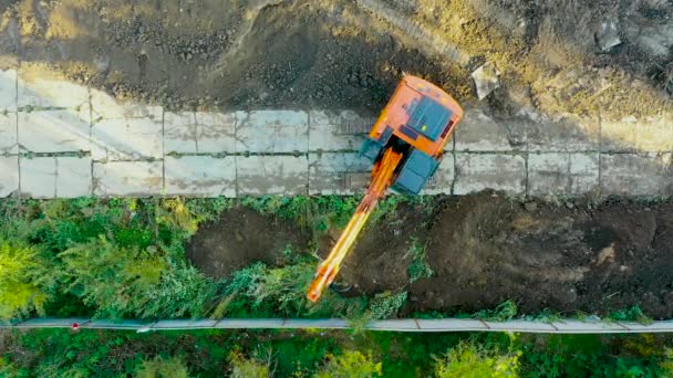 Grävmaskin Fjärilslarver Stiftelsen Grop Byggandet Byggnaden Stiftelsen Gräva Antenn Uppifrån — Stockvideo