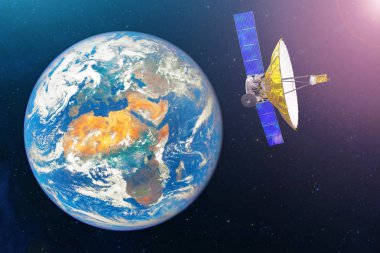 İletişim ve izleme sistemleri için Dünya'nın jeostatik yörüngesinde geniş çanak antenli uydu. Nasa tarafından döşenmiş bu görüntünün elemanları.