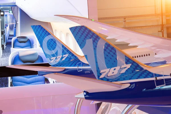 Boeing 777-X model exhibition on display. Russia, Moscow region Zhukovsky, airport Ramenskoe. Aviasalon MAKS 2019. 29 august 2019. — Stock Photo, Image