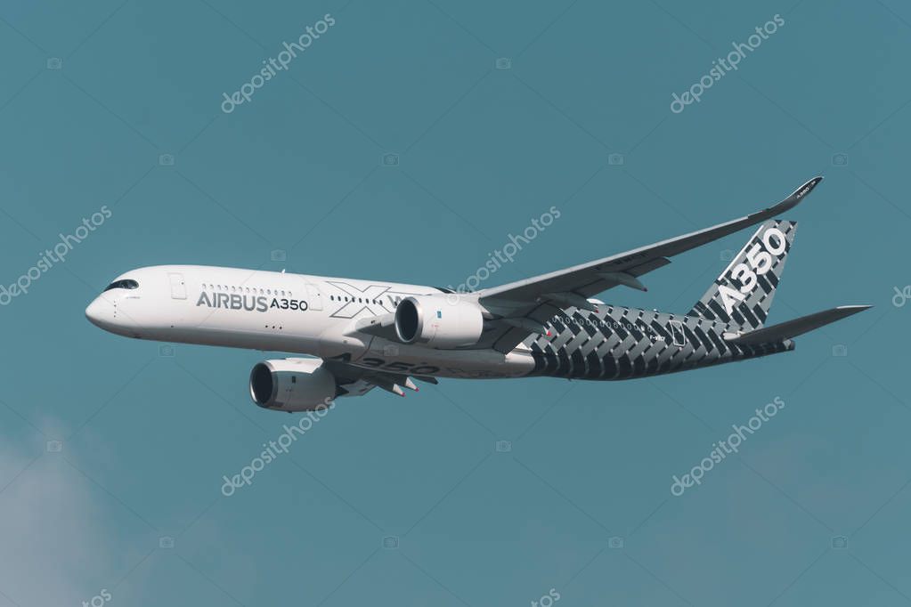 Airbus a350-900 XWB show flights. Russia, Moscow region Zhukovsky, airport Ramenskoe. Aviasalon MAKS 2019. 31 august 2019