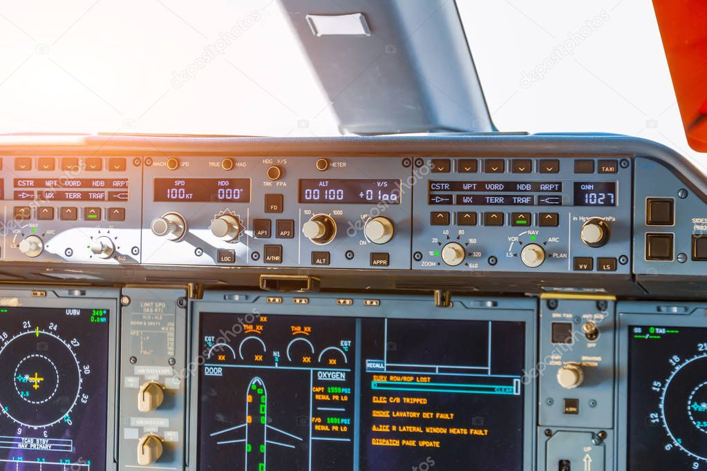 Dashboard autopilot parameters in a passenger airliner aircraft, close up view.