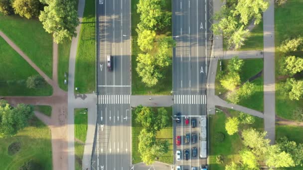 Vista Autopista Ciudad Desde Arriba Cruce Peatonal Con Semáforo Pavimento — Vídeos de Stock