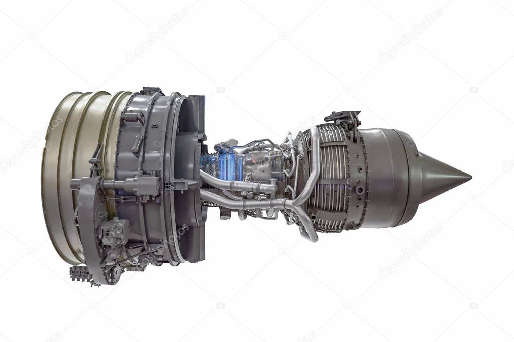Turbine jet engine, side view isolated on white background.