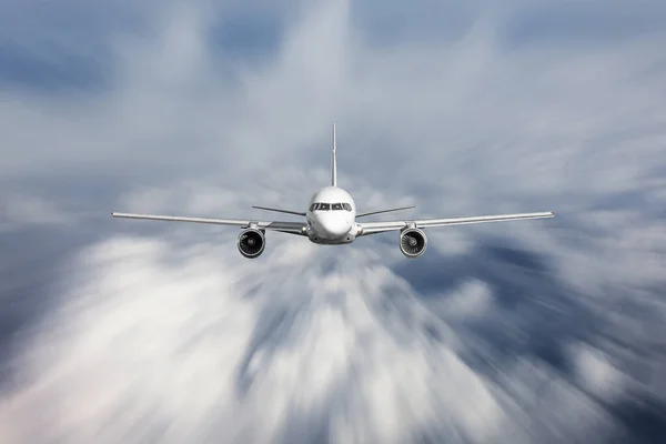 Airplane jet flying on blur motion sky background, concept aviation air transport.