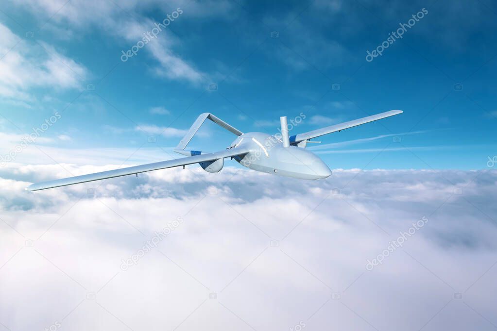 Unmanned aerial vehicles in the sky flying over dense clouds over the territory of patrol.