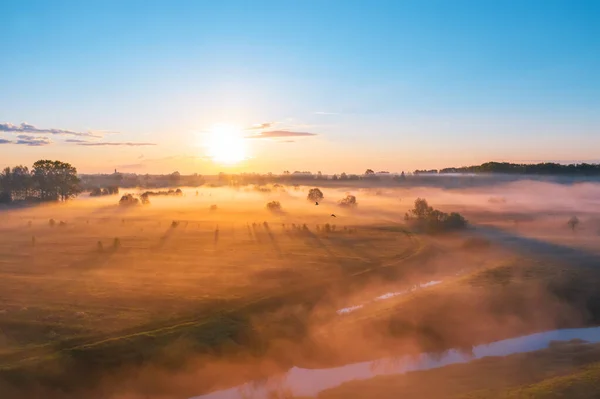 Morning fog in the meadows and at the mouth of the river during sunrise in the countryside, aerial view height of the landscape on the horizon, a forest and a village with flying birds