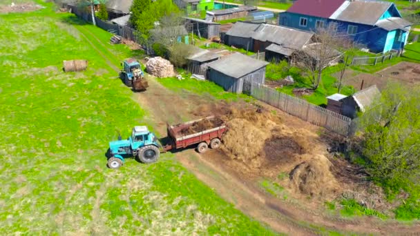 Carga Estiércol Fertilizante Para Hortalizas Plantadas Campos Cerca Edificios Residenciales — Vídeos de Stock