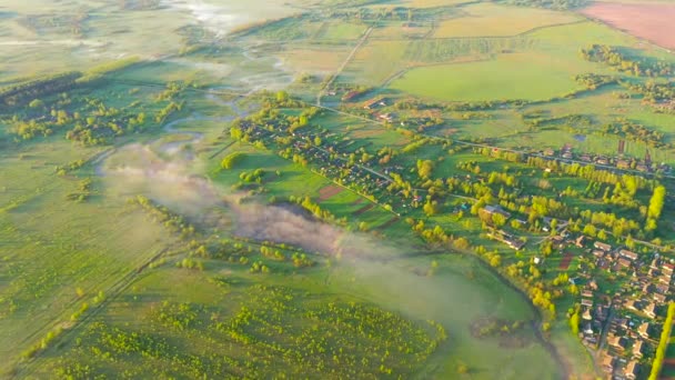 Вид Воздуха Пейзажные Поля Фермы Горизонта Лесная Деревня Летающих Птиц — стоковое видео