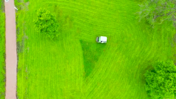 芝生の芝生に芝生の芝生の機械の乗り物 木や歩道の間の都市公園で背の高い草を刈る 空中トップビュー — ストック動画
