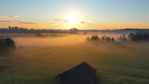 Matin de brouillard sur la plaine et la plaine inondable de la prairie près d'un village rural avec une maison, vue aérienne paysage