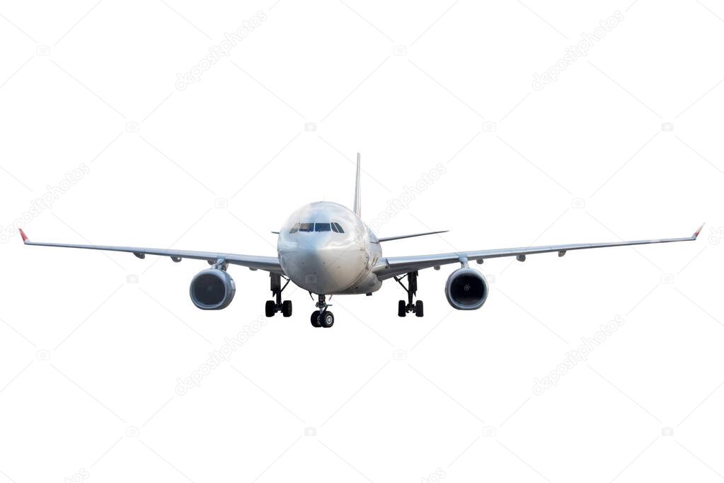 Airplane isolated, front view on white background