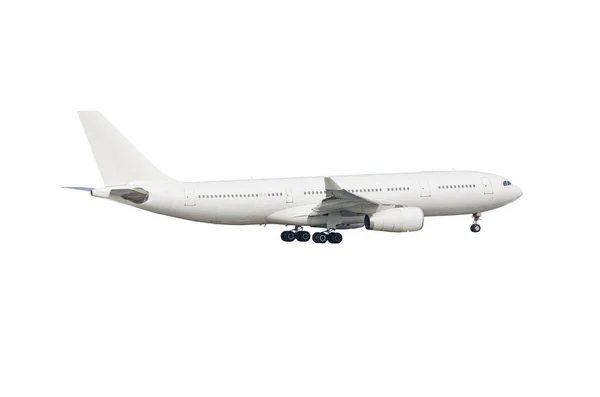 Commercial airplane with landing gear on white background