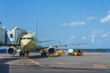 Yolcu uçağı kalkış terminali için gün içinde hazır. İskele bağlantıyı kesmek için bekliyor.