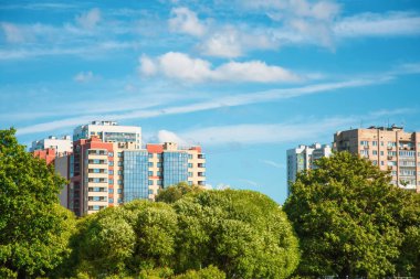 Genç meşeler ve söğütlerle dolu yeşil yaz parkı. Arka planda, çok katlı binalar nüfus için ekolojik olarak temiz bir alan.