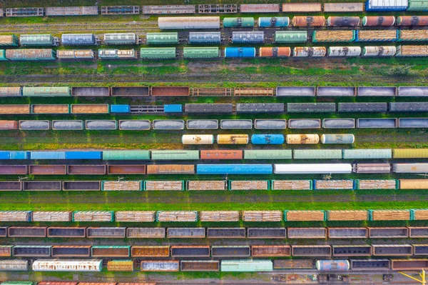 Bovenaanzicht Van Vrachtvervoer Spoor Luchtfoto Van Een Drone Van Kleurrijke — Stockfoto