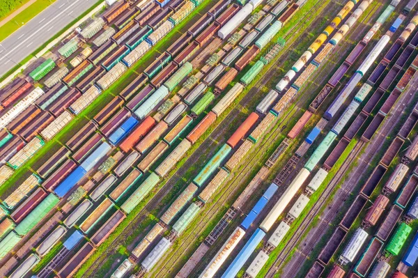 Kargo Vagonu Demiryolu Tesisinde Renkli Yük Trenleri Var Demiryolunda Malları — Stok fotoğraf