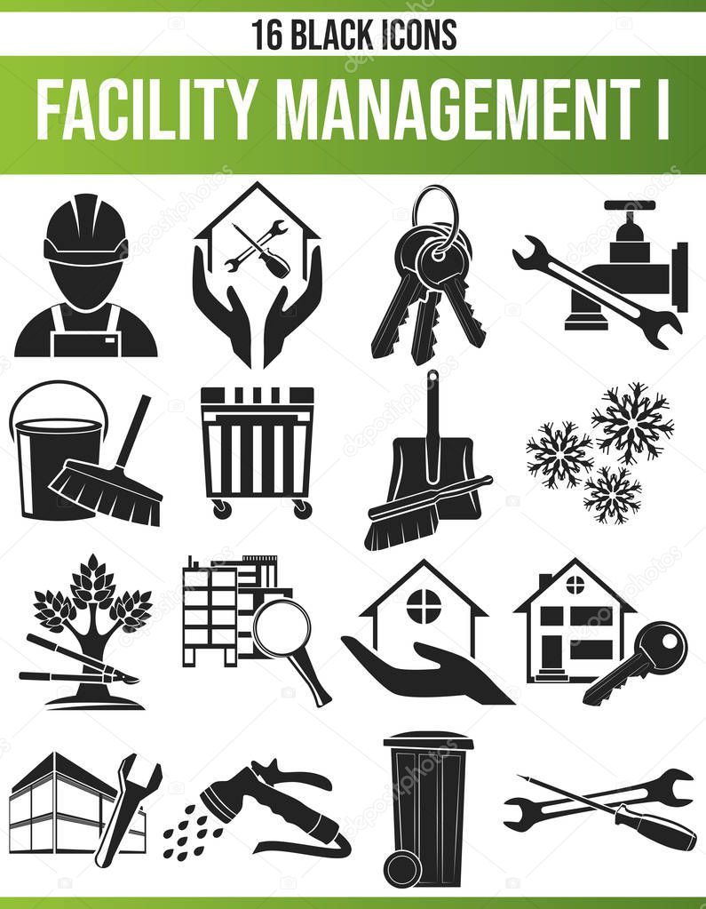 Black pictograms / icons on facility management. This icon set is perfect for creative people and designers who need the subject of trade in their graphic designs