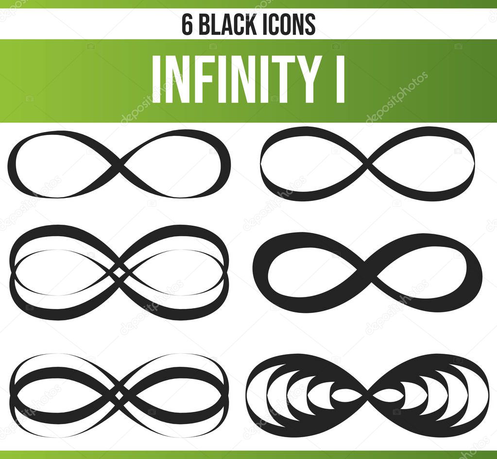 Black pictograms / icons on infinite. This icon set is perfect for creative people and designers who need the theme of infinity in their graphic designs