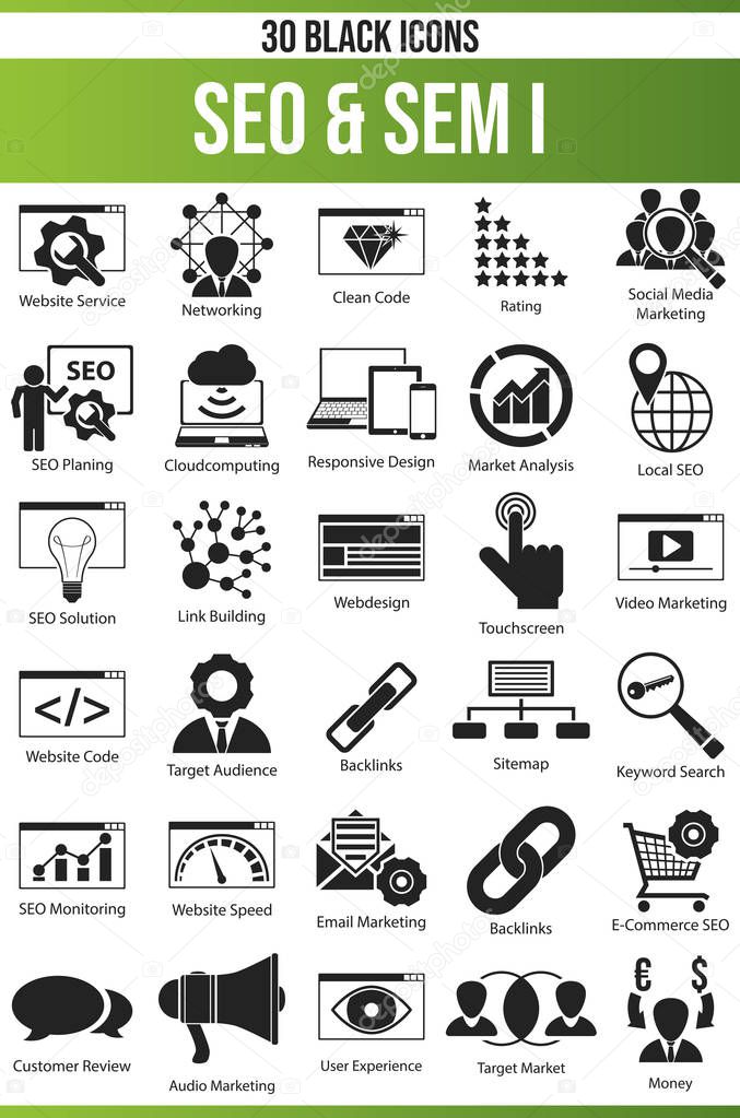 Black pictograms / icons on SEO. This icon set is perfect for creative people and designers who need the theme SEM in their graphic designs