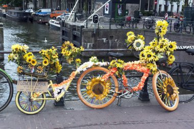 Amsterdam, Hollanda-24 Haziran 2018: bir köprü Amsterdam'da bisikletle çiçek