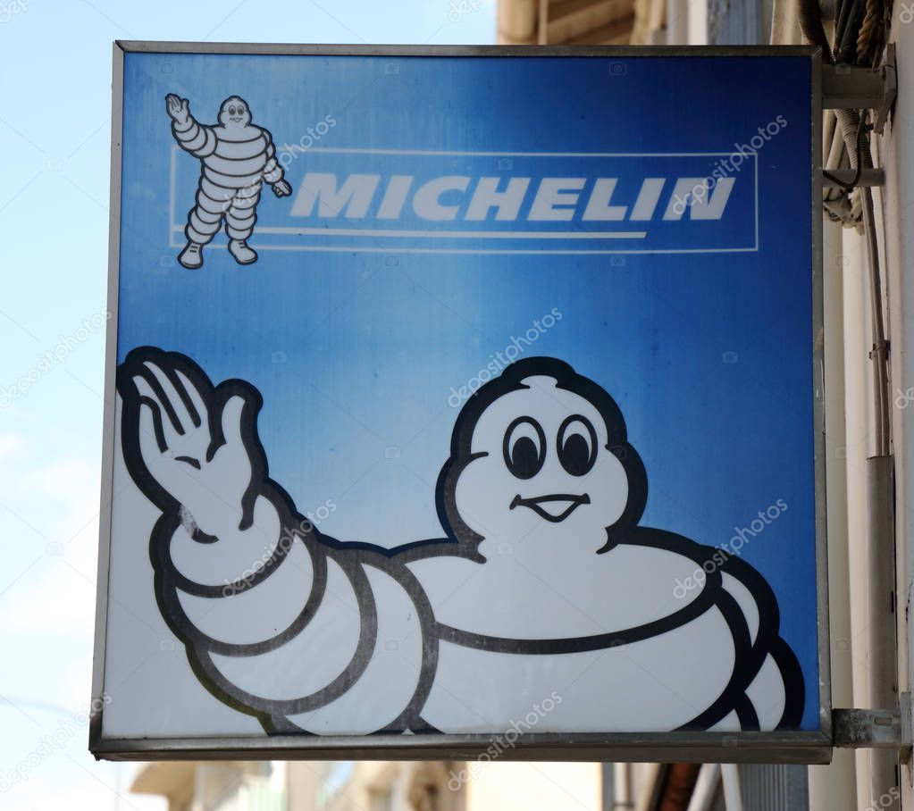 Paris, France, 14 september 2018: sign of the Michelin man on a wall in Paris