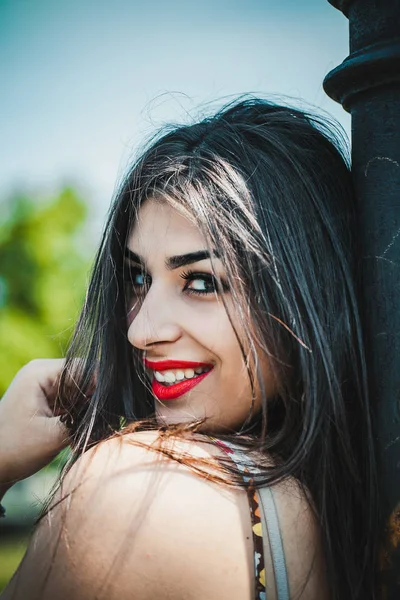 Beautiful Happy Young Woman Red Lips Outdoors — Stock Photo, Image