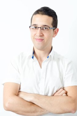 Genç Profesör portresi. Beyaz arka plan üzerinde izole