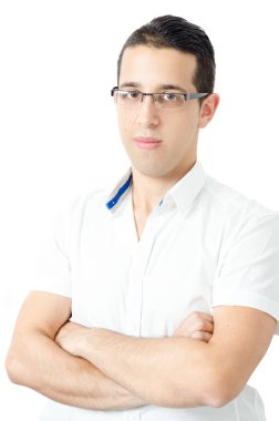 Genç Profesör portresi. Beyaz arka plan üzerinde izole