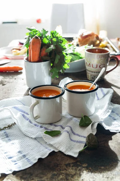 Close Photo Homemade Healthy Carrot Soup White Mugs Napkin Grey — Stock Photo, Image