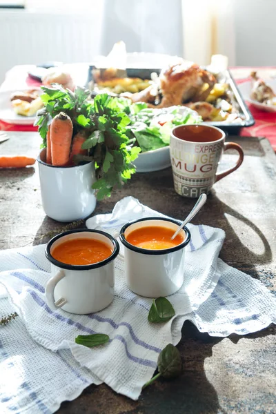Close Photo Homemade Healthy Carrot Soup White Mugs Napkin Grey — Stock Photo, Image