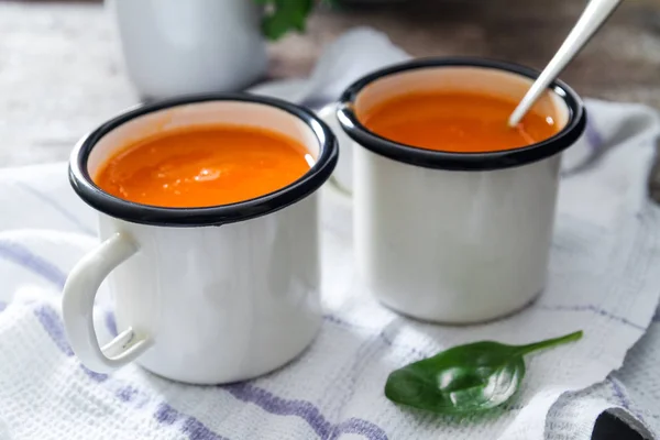 Close Photo Homemade Healthy Carrot Soup White Mugs Table — Stock Photo, Image