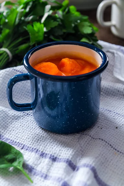 Close Photo Homemade Healthy Carrot Soup Blue Mug Table Spoon — Stock Photo, Image