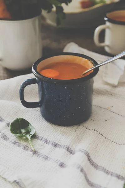 Close Photo Homemade Healthy Carrot Soup Blue Mug Table — Stock Photo, Image