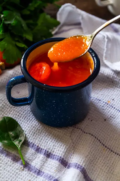 Close Photo Homemade Healthy Carrot Soup Blue Mug Table — Stock Photo, Image