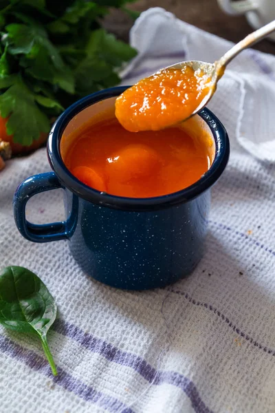 Close Photo Homemade Healthy Carrot Soup Blue Mug Table — Stock Photo, Image